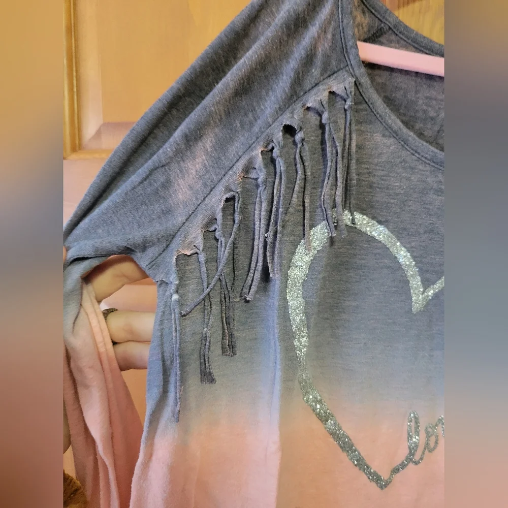 Justice Heart fringe Ombre Long Sleeve Top - Pink and Gray 10